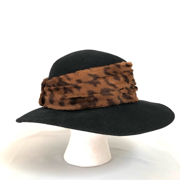 Sonni of San Francisco LANCASTER Wide Brim Black Wool Hat w/ Faux Fur Band - Picture 3 of 11